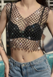 (Only Tops,Real Image)2024 Styles Women Rhinestone Mesh Cutout Top with Diamante Embellishments